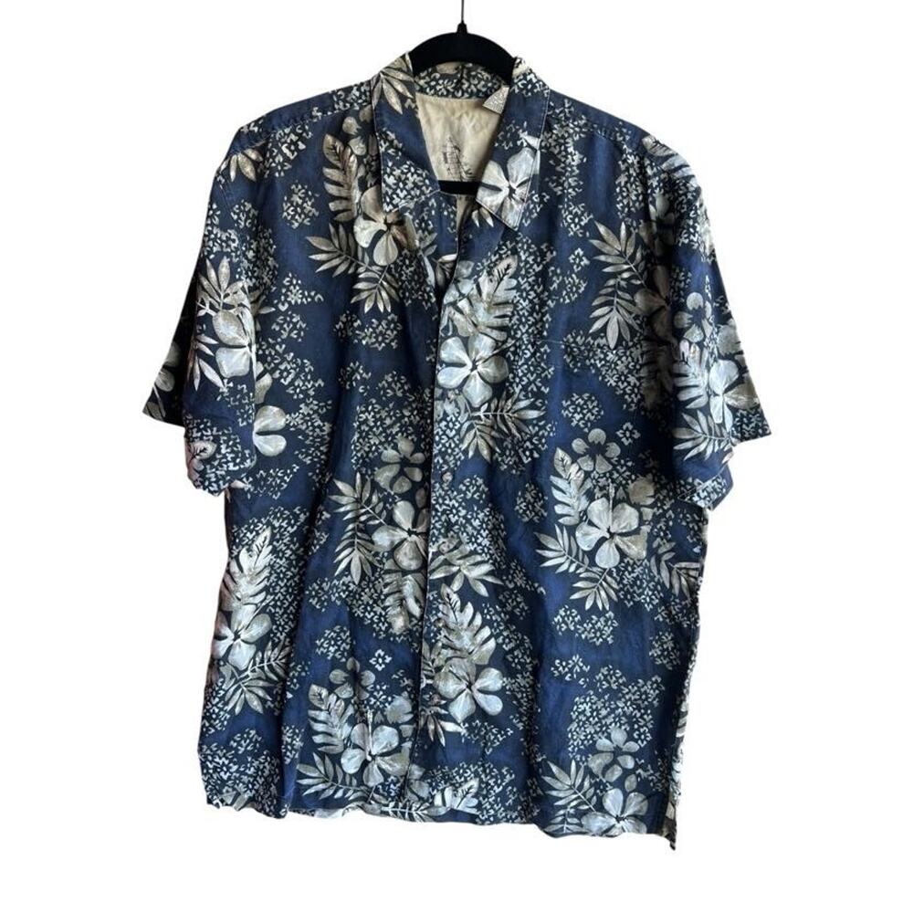 Vintage 90s Bugle Boy Men's Hawaiian Tiki Camp Shirt Floral Blue Size Large